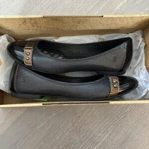 Born Masia Patent Leather Flats Buckle‎ Sz 7 Black Bronze Chic Sophisticated